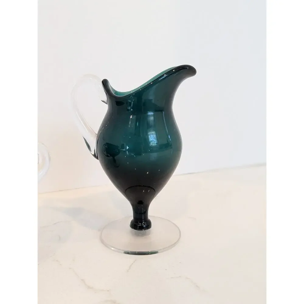 Vtg MCM Rich Teal Art Glass Sugar Creamer Set Hand Blown Green Clear Accents